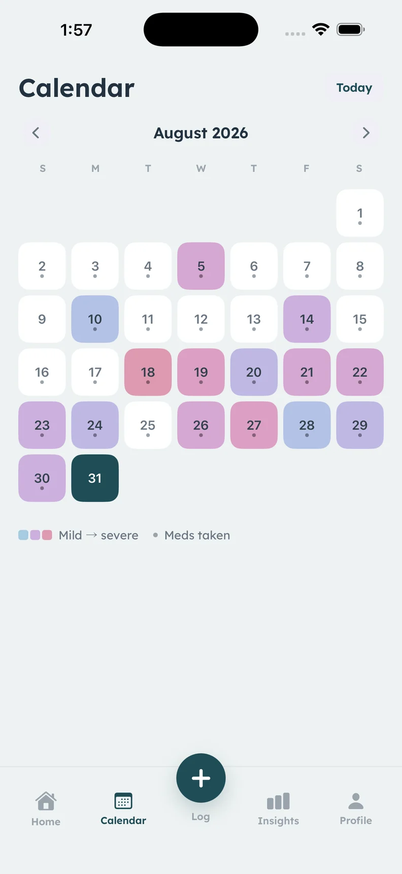 Calmira calendar showing a month of recorded attacks