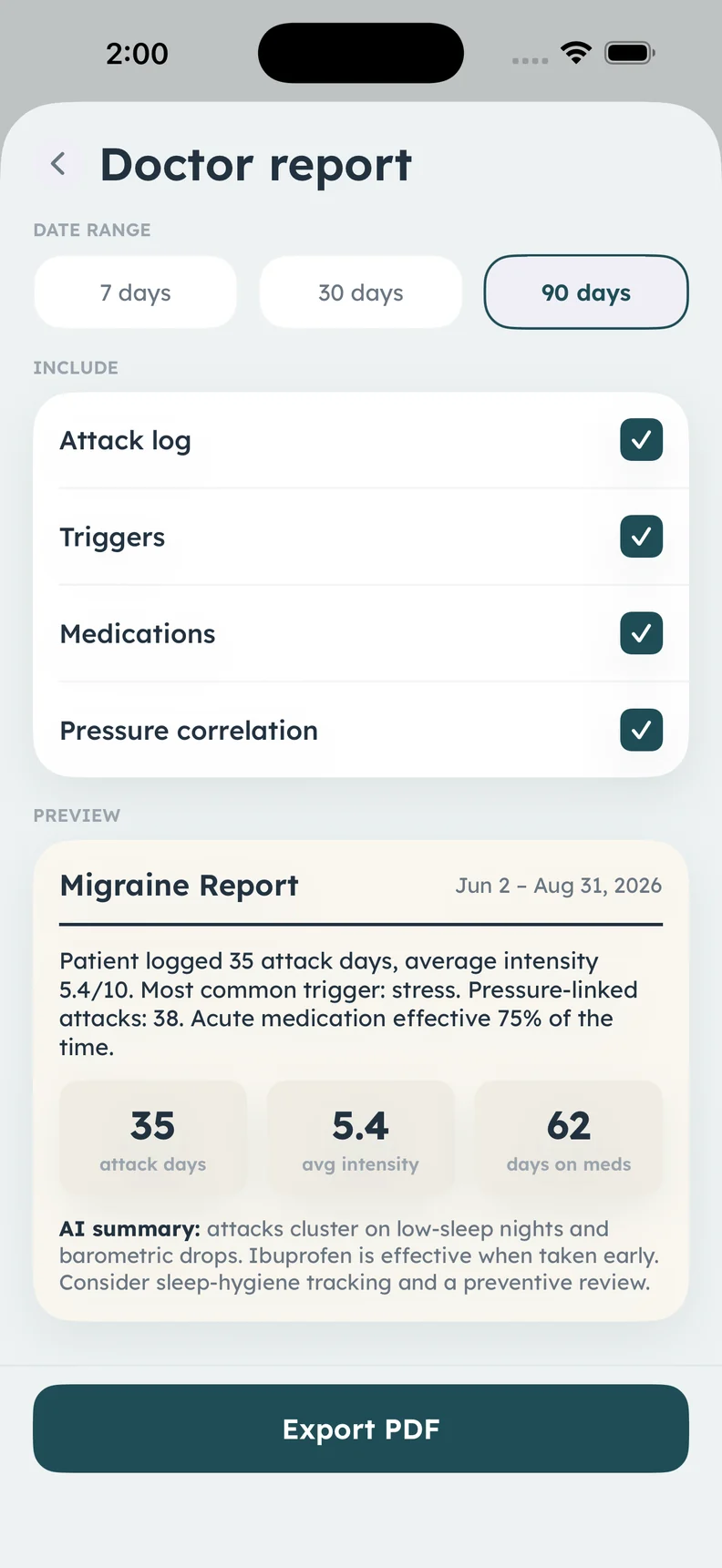 Calmira doctor report preview with a summary of recorded migraine history